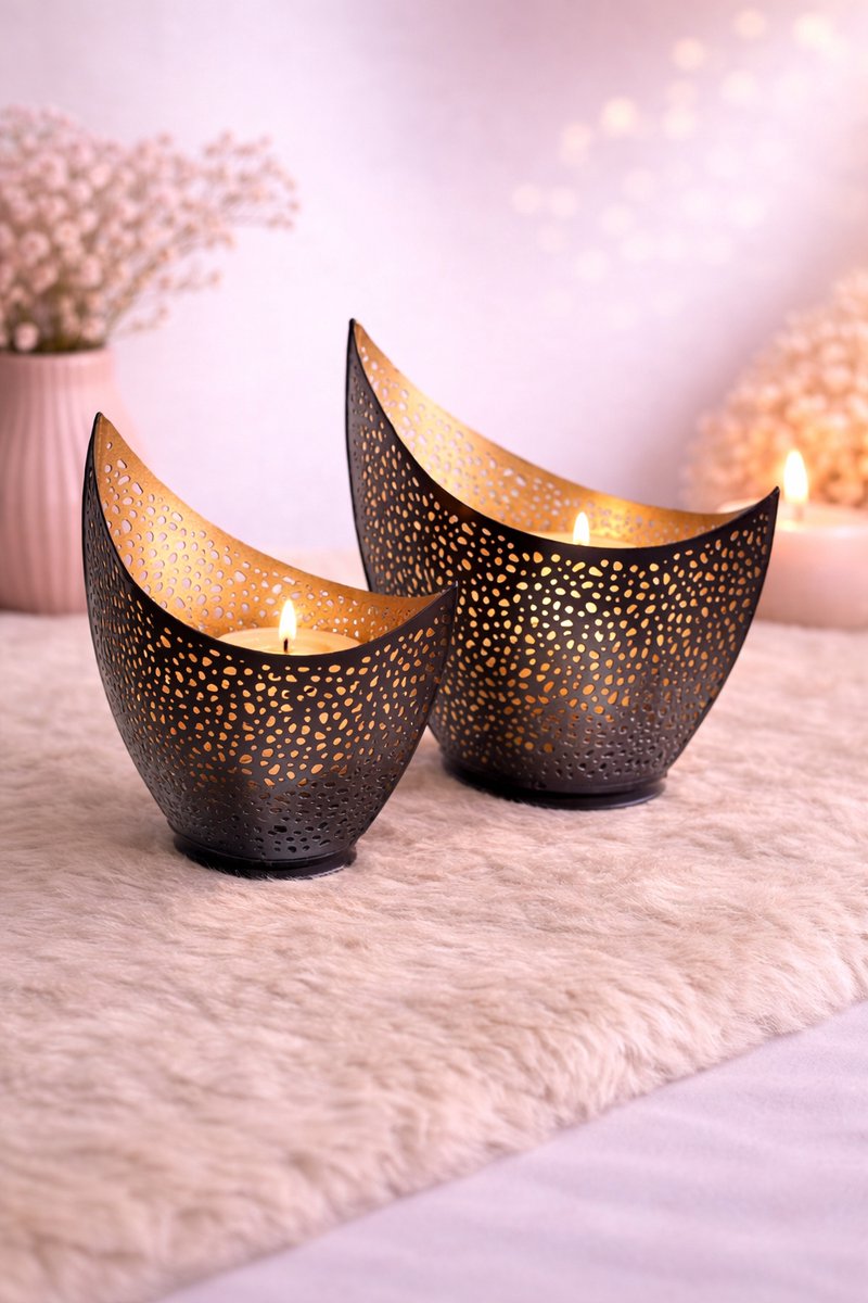 Maanvormige Windlicht | Viva Femme | Zwart & Goud | Groot