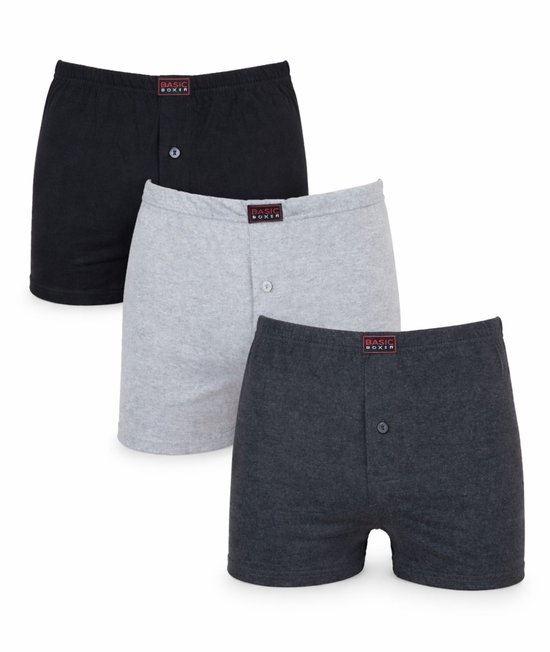 Drie Basic Boxer boxershorts in zwart, lichtgrijs en donkergrijs.