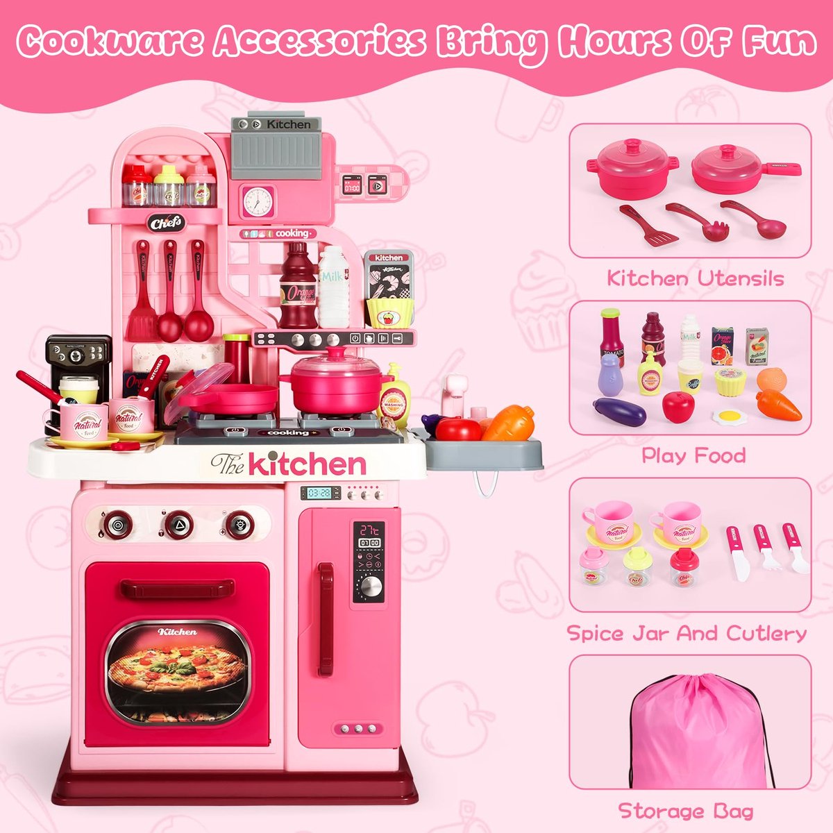 53-delige speelkeukenset voor kinderen - 69 cm speelkeuken met geluid en licht, kookplaat, speelgootsteen, oven, keukenspeelgoed, fantasiespel, keukenspeelgoed voor peuters van 1, 2 en 3 jaar (roze) — afbeelding 6