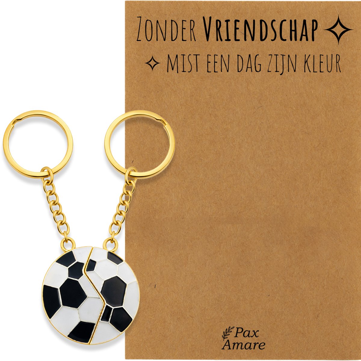 BFF Sleutelhanger voor 2 'Zonder Vriendschap mist een dag zijn kleur' - Magnetische Voetbal - Sleutelhanger set op Cadeau Kaartje - Goudkleurig - Vriendschap Symbool - Pax Amare