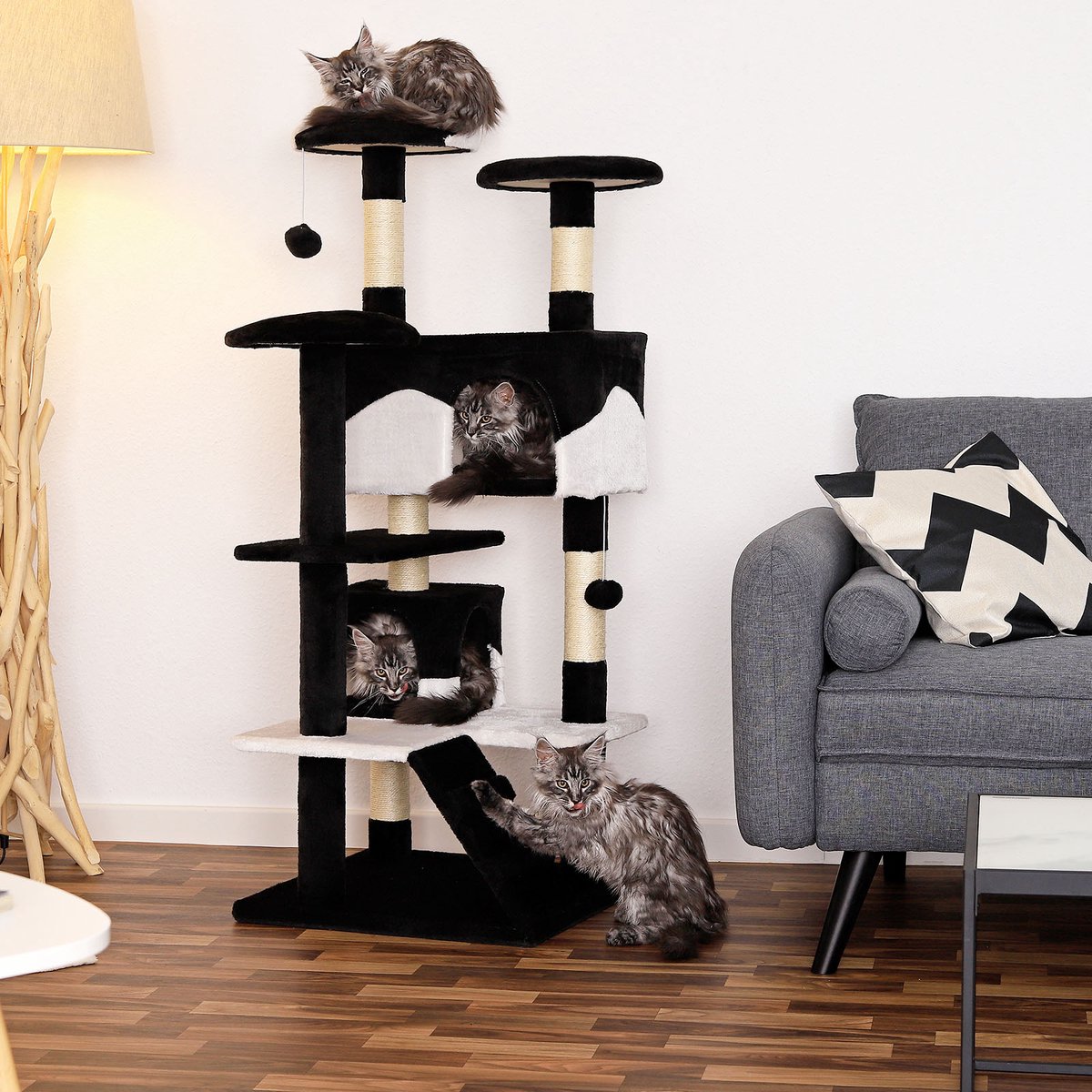 lionto Kattenkrabpaal 130 cm groot, met trap, grot & speelballen, zwart/wit thumbnail 7