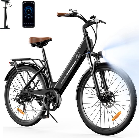 iScooter Elektrische Fiets UcityS 26" Zwart– Elektrische Mountainbike met Shimano 7 versnellingen, verwijderbare 36V 13Ah accu, 6/10/15/20/25 km/u, dubbele schijfremmen, app-ondersteuning & LCD-scherm – Ideaal voor woon-werkverkeer en stadsritten