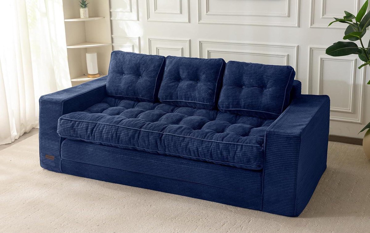 Vloerbank Slaapbank 190x85 cm 3-Zits – 2-in-1 Uitklapbare Bedbank met Kussens, Corduroy Donkerblauw, Ruimtebesparend & Modern Design – NoviHome