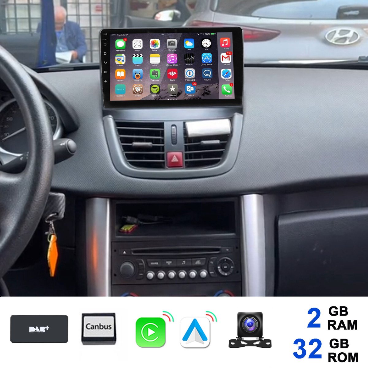 ESSGOO Autoradio Geschikt voor Peugeot 207 2006-2015 - Android 15 - 2 GB+32 GB - GPS-navigatie - Carplay en Android auto - 2005 2006 2007 2008 2009 2010 2011 2012 2013 2014 2015 - DAB+ Bluetooth FM RDS Wifi - 2 DIN - Achteruitrijcamera