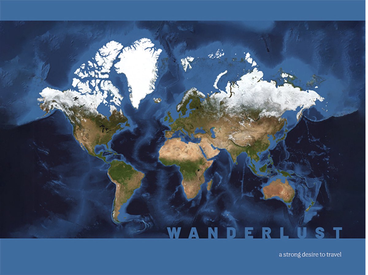 Wereldkaart 40x30 cm - Aluminium - Voelbaar 3D Reliëf - Blauw - World map - Wanderlust - Vintage - Retro - Muurdecoratie - Wanddecoratie