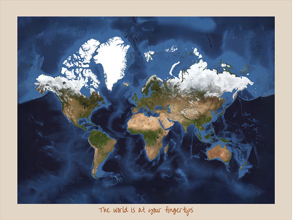 Wereldkaart 40x30 cm - Aluminium - Voelbaar 3D Reliëf - Beige - World map - World at your Fingertips - Vintage - Retro - Muurdecoratie - Wanddecoratie