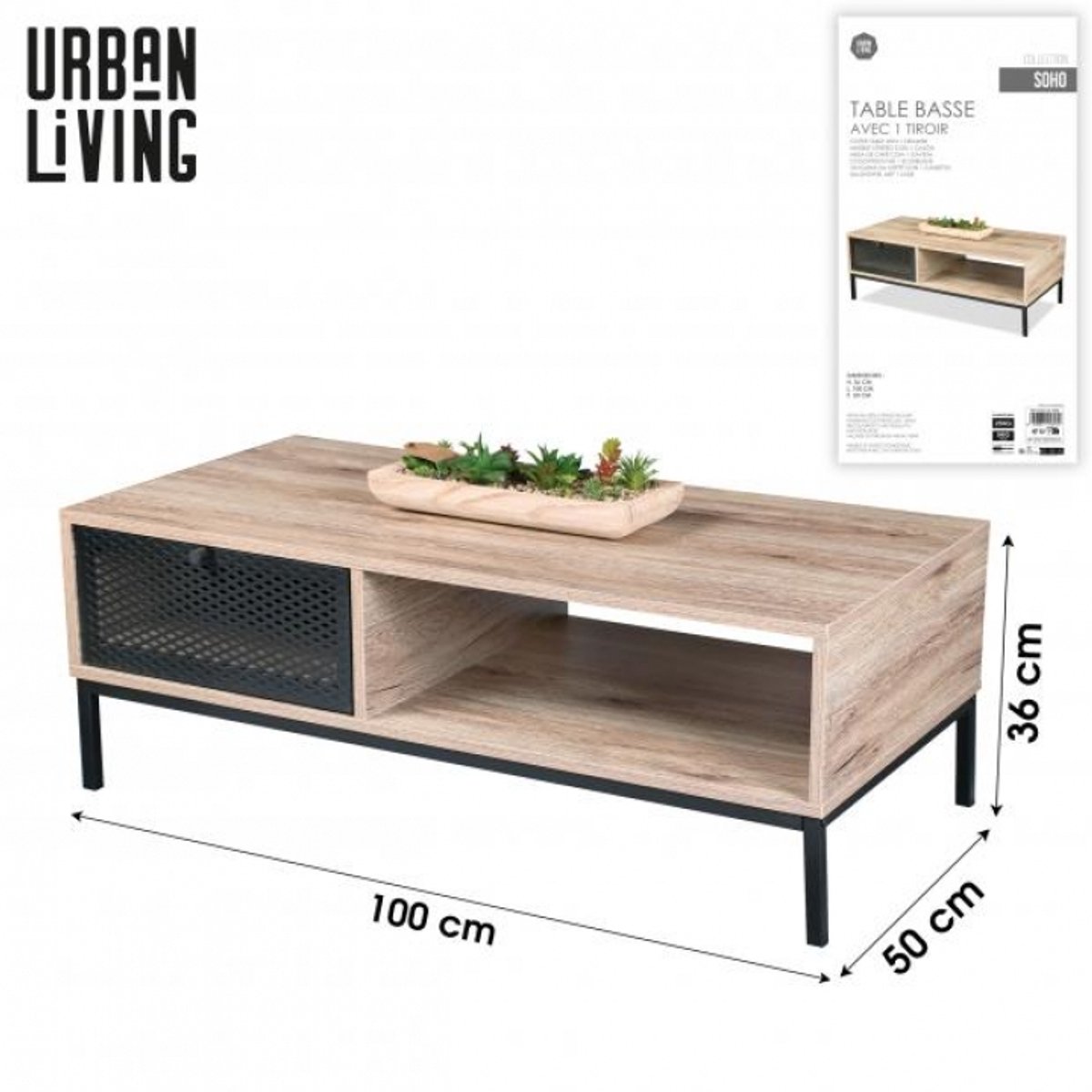 "SOHO" SALONTAFEL VAN HOUT MET ZWARTE METALEN ROOSTER 100×50×H36 CM