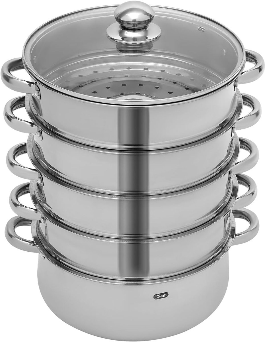 Stoompan RVS - Grote stoomkoker - Gezond Koken - 5 Lagen Constructie - 32 cm Diameter - Zilver