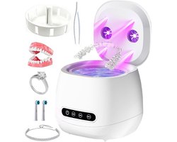 Ultrasoon Reiniger - Met afdruiprekje - 360º - Ultrasoon gebitsreiniger - Ultrasone Reiniger - Draagbare gebitsreinigingskamer - Kunstgebit & Prothese Schoonmaken - Reinigingsapparaat Voor kunstgebitten, mondbeschermers, beugels, aligners, sieraden