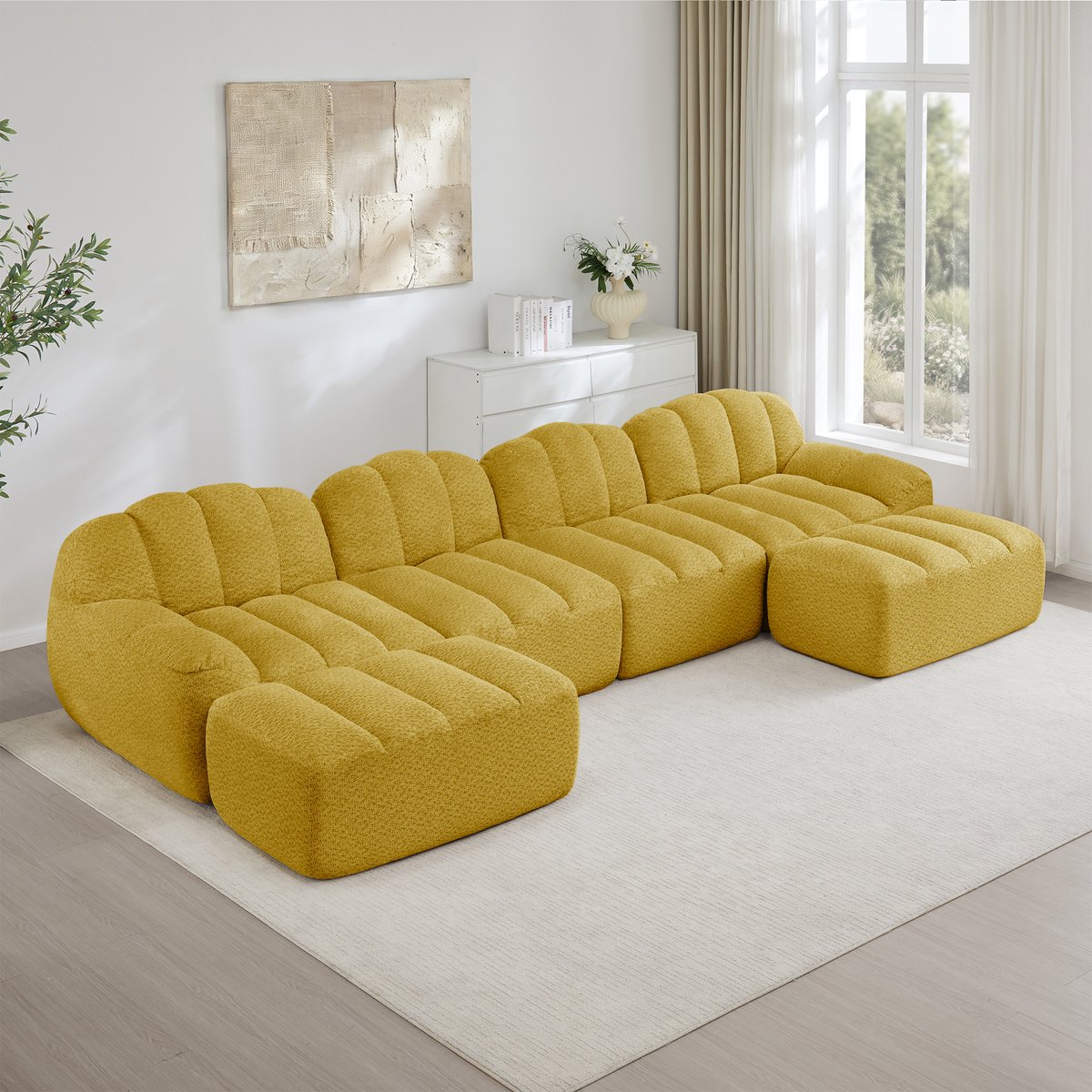 OKWISH U-Bank 4-Zits - Modulair Met 2 Ottomans, Diepe Zitting En Schelpvorm - Voor Woonkam