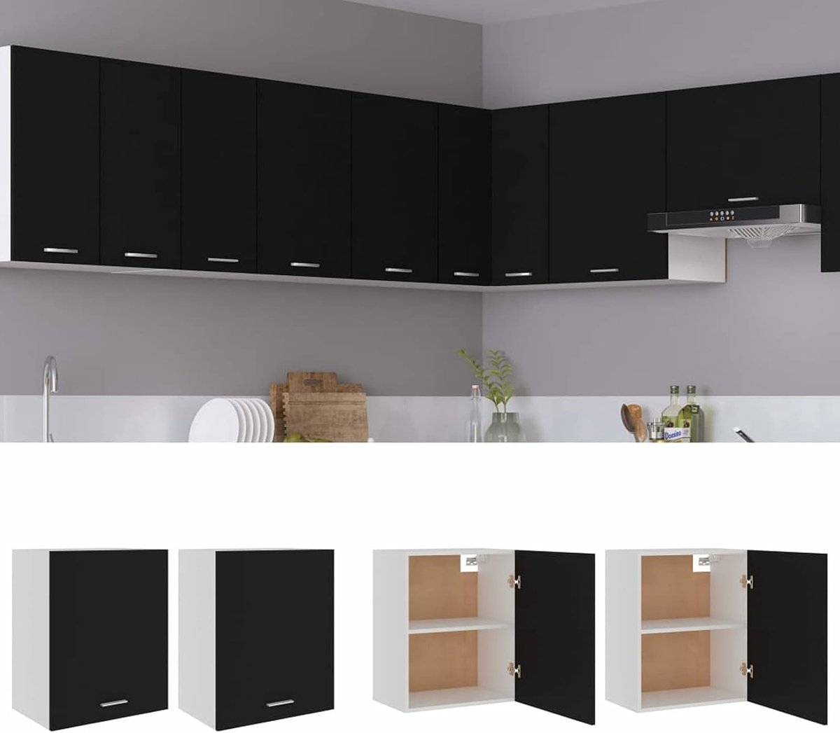 Hangkasten Set - Wandkasten Keuken - Keuken Organiseren - Eenvoudig Design - 50x31x60 cm - Zwart