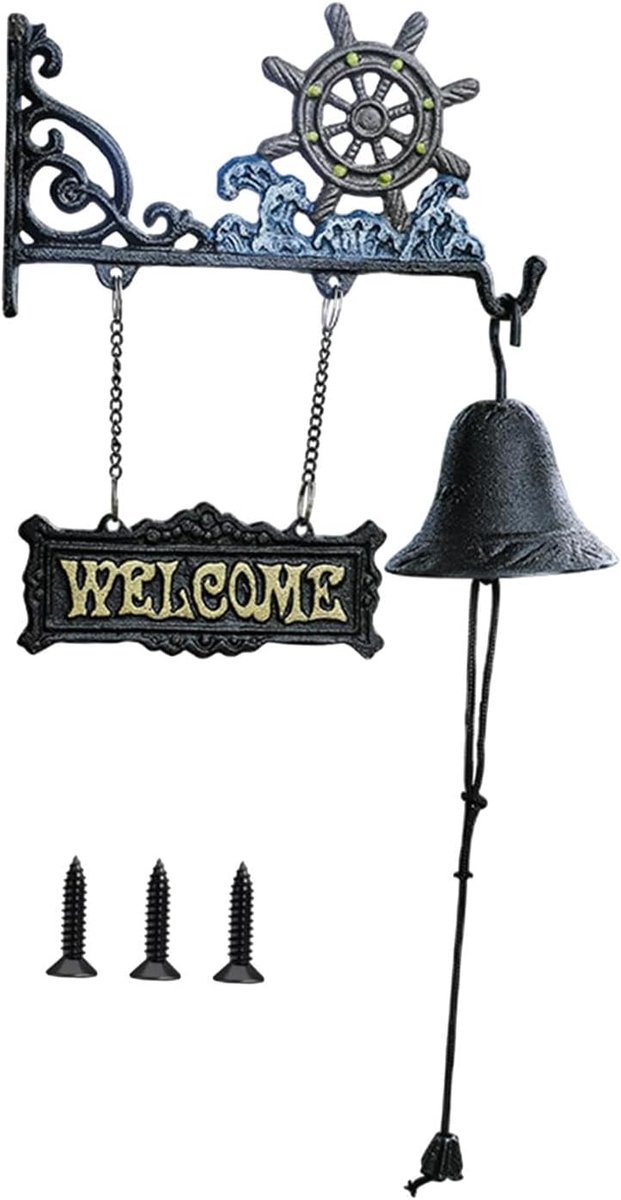Stuurwiel & Golven Handbel-23 * 13cm - Retro Deurbel met WELCOME Bord - IJzeren Woonaccessoire voor Voordeur