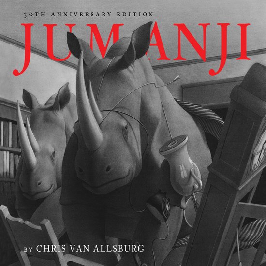30ste Verjaardag Editie JUMANJI door Chris Van Allsburg. Twee neushoorns in een kamer, één met een lamp in zijn hoorn.