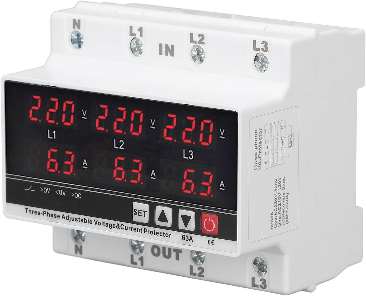 Spanningsbewakingsrelais - Onderspanningsbeveiliging Overstroom - Industriële Installatie - Instelbare Stroom - 35mm DIN rail - Grijs