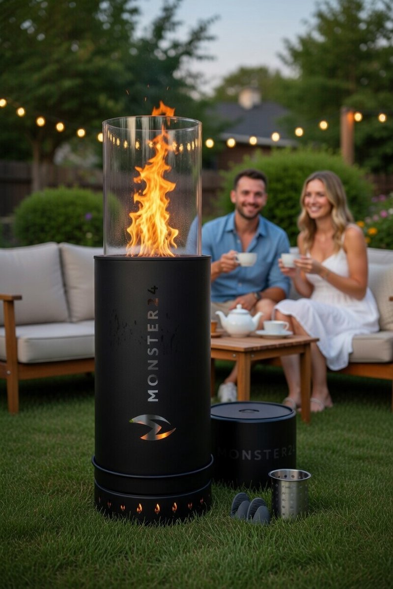 Pellet Terrasverwarmer Rond 87 x 27 x 27 cm – Vrijstaande Terraskachel met 360° Vlamzicht, Modern Buitenhaard Design, Veiligheidsglas & Stalen Constructie – NoviHome