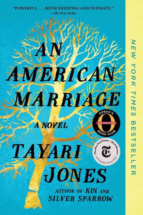 Boekcover van "An American Marriage" met een gouden boom tegen een turquoise achtergrond. "New York Times Bestseller" is zichtbaar.