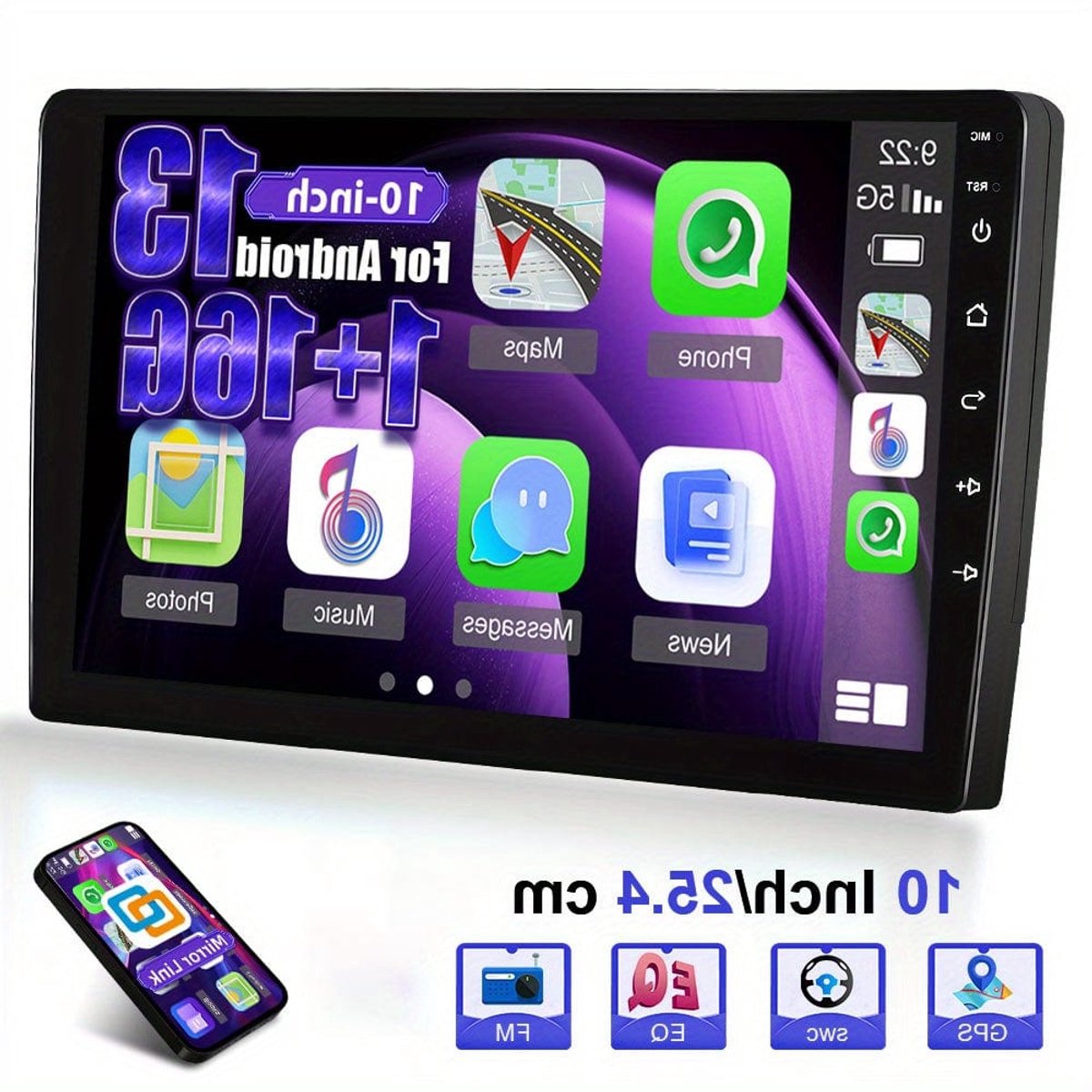 Autoruistation – Car Stereo – Multimedia Systeem – Android Radio – Navigatie Unit – 10,1 Inch HD IPS Touchscreen – Android 13 – WiFi GPS – Mirror Link – FM Radio – DSP – Achteruitrijcamera ondersteuning