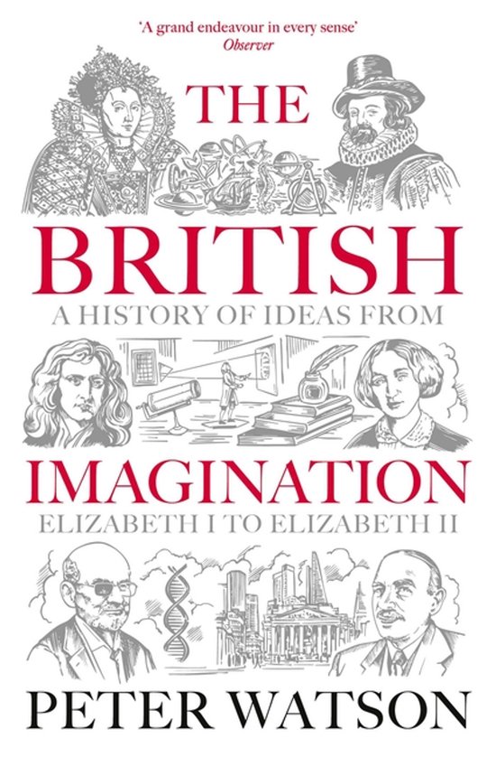 Couverture du livre "The British Imagination: A History of Ideas from Elizabeth I to Elizabeth II" avec des illustrations de figures historiques et de symboles.
