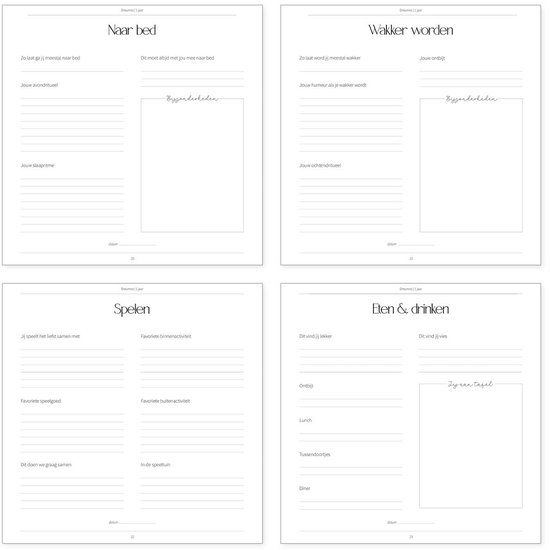 Een opengewerkte pagina uit een babyboek, met de titel 'Naar bed' en 'Wakker worden'.
