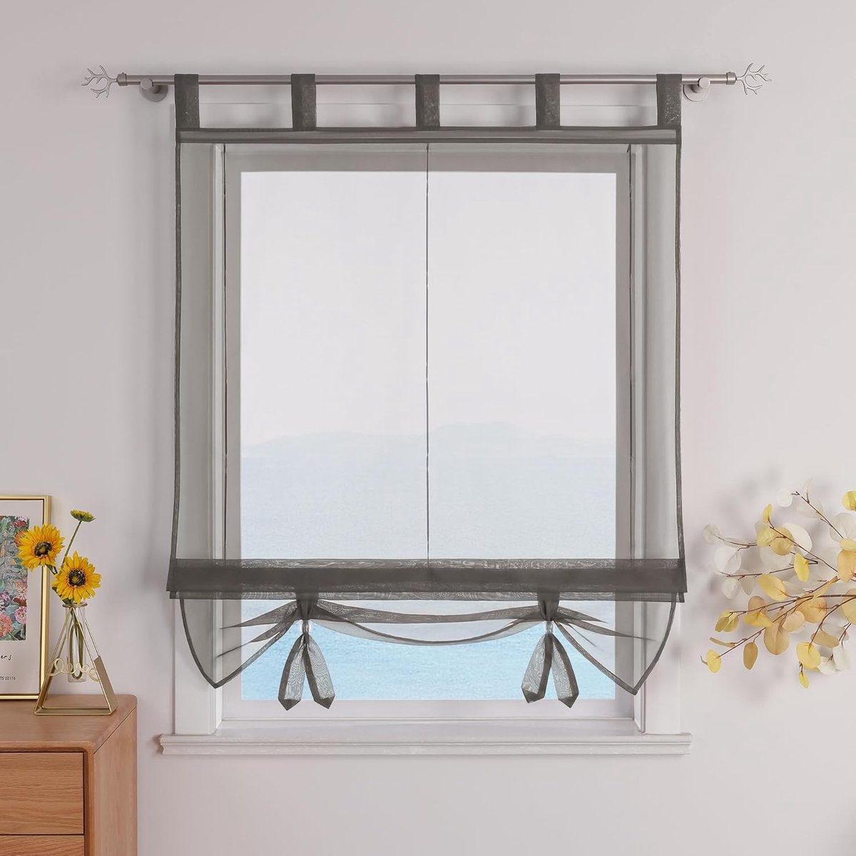 Vouwgordijn met lussen - Transparant gordijn - Keuken raambekleding - Stof materiaal - 140x155cm - Bruin