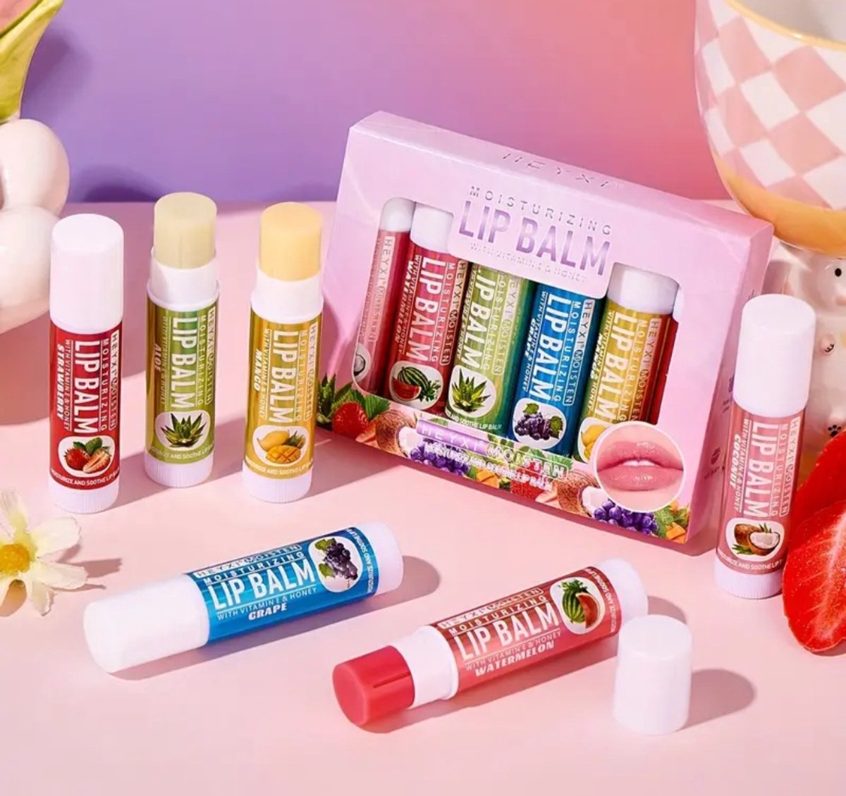 Lip Balm Set 6-Delig – Hydraterende Lippenbalsem – Fruit Smaken – Verzorgend & Beschermend