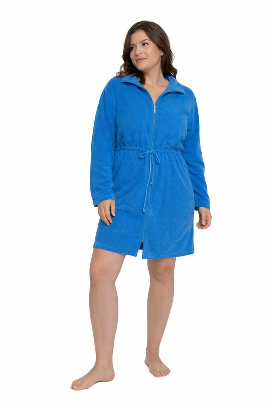 Dunne badjas met rits - kort model - ideaal voor mee op reis, sauna & camping - blauw maat S