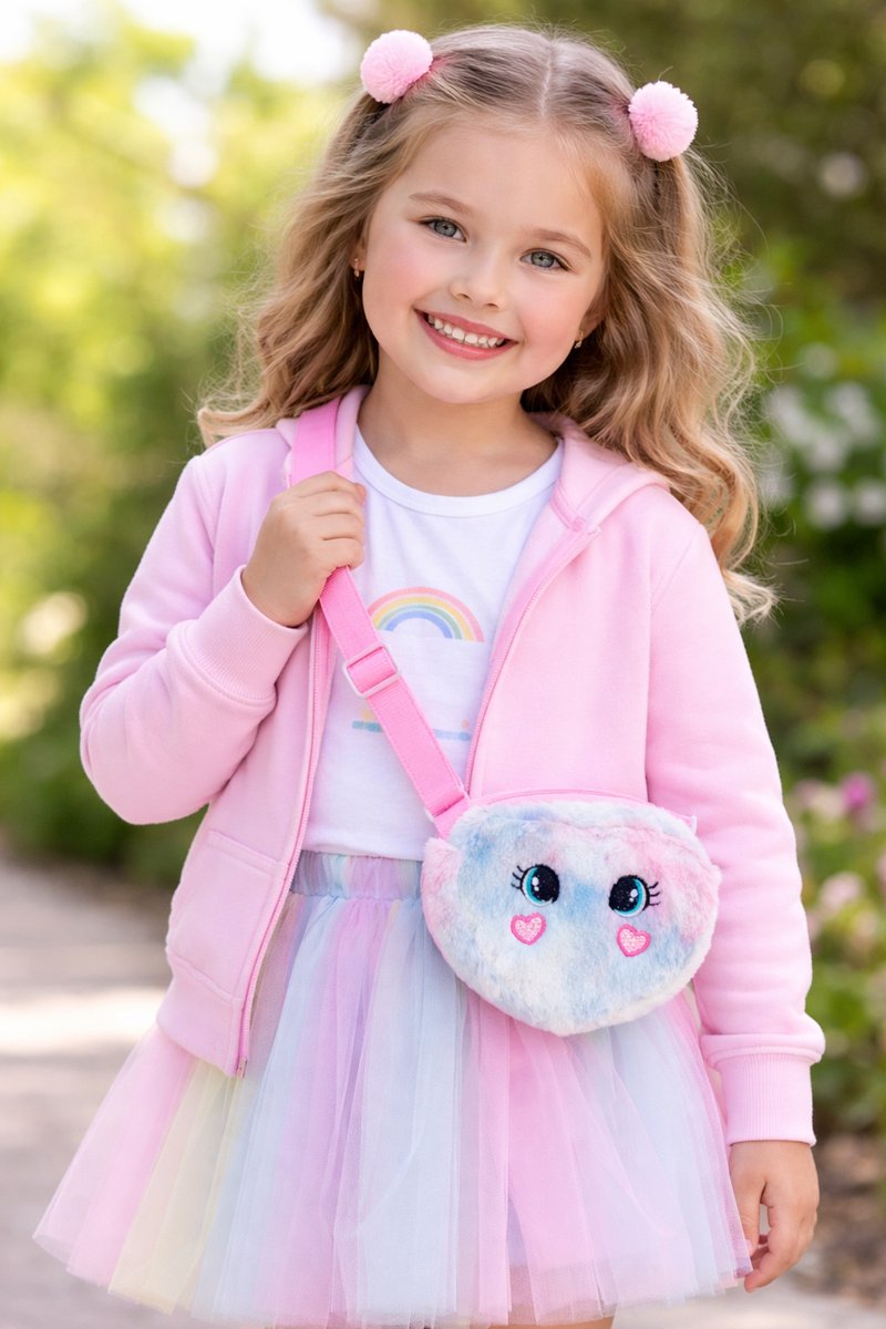 Meisjes Schoudertas Hartvorm - Pluche Rainbow Oogjes Hartvorm - Multi Colors