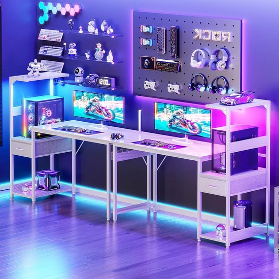 Gaming Bureau - Computer Werkplek - Thuiswerken Gamers - Geïntegreerde LED Verlichting - 120x48cm - Wit Carbon — afbeelding 4