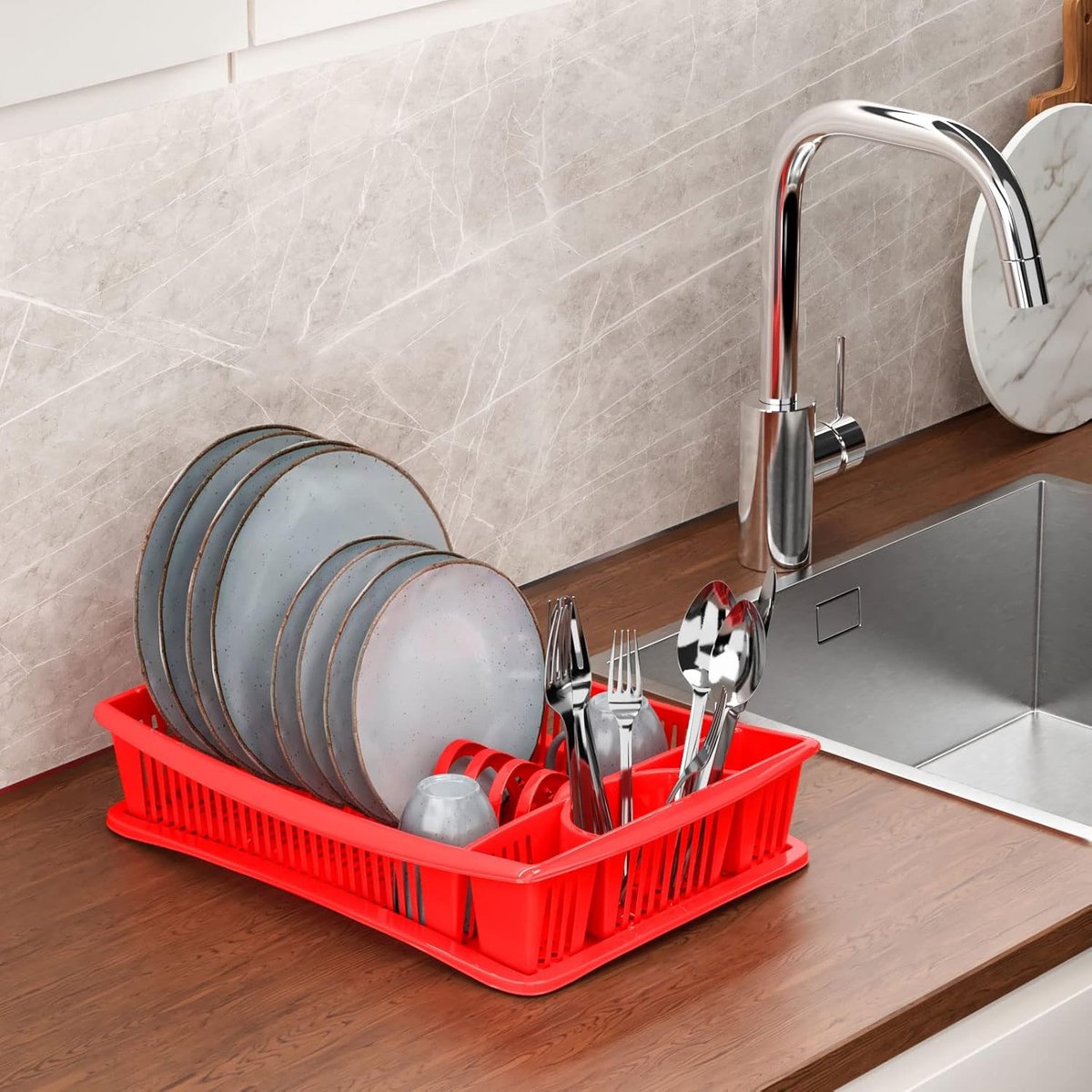 Afwasrek - Dekschaalhouder - Keuken Organiseren - Inclusief Lekbak - 27.5 cm - Rood