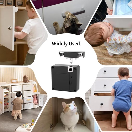 Rondom een centraal beeld van een zwart elektronisch slot met RFID-kaart, worden kleinere afbeeldingen getoond die het brede gebruik laten zien, inclusief kinderen en katten die kasten en laden openen.