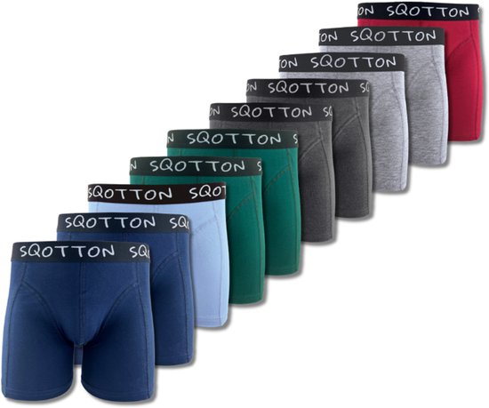 Une rangée de dix caleçons pour hommes de différentes couleurs (rouge, gris, vert, bleu).