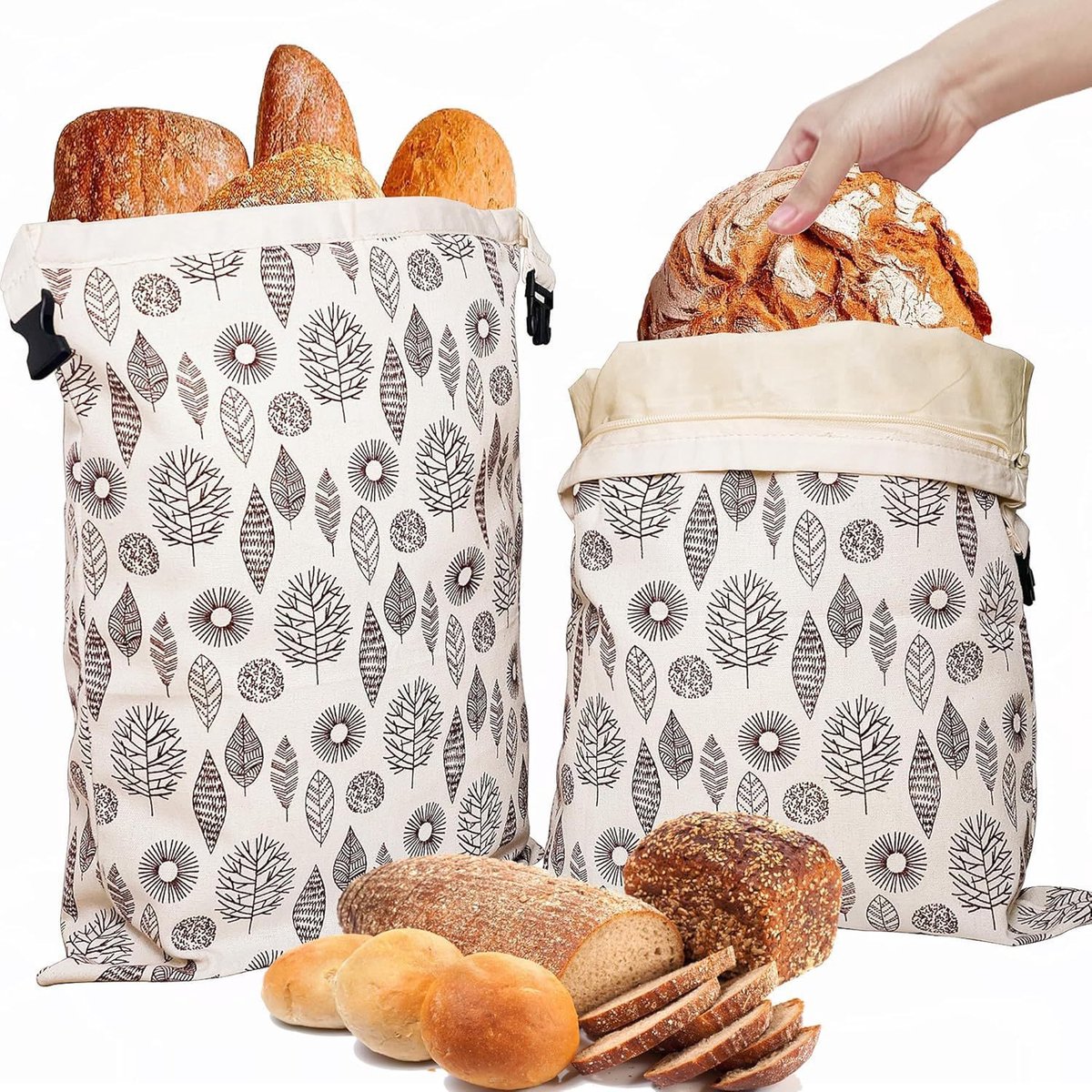 Broodzak - 2 stuks - bijenwas broodzakken - Broodzakken Met Trekkoord - 43x33cm - ongebleekt - herbruikbaar - Zero Waste - Voor Zelfgebakken Brood - Vriezerbestendig - Blijft Vers - voedselveilig - Milieuvriendelijk - Beige bedrukt patroon
