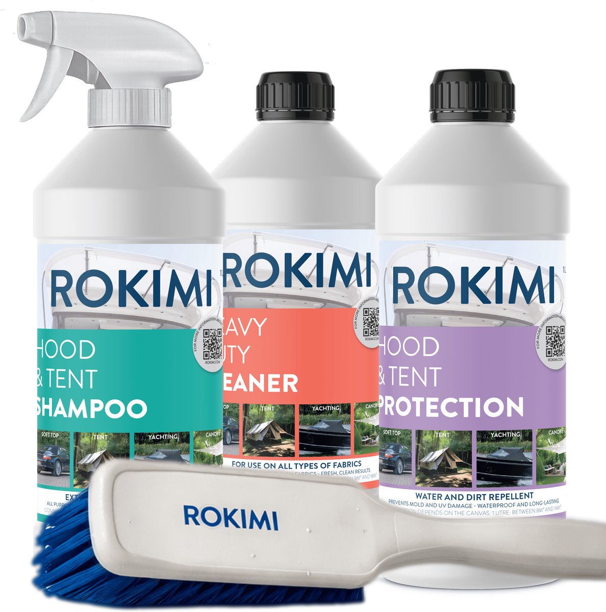 Rokimi Buitendoek - Complete verzorgingsset - Reinigen, vlekverwijderen en impregneren - Voor tent, luifel, bootkap en cabriodak - 3 x 1L + borstel