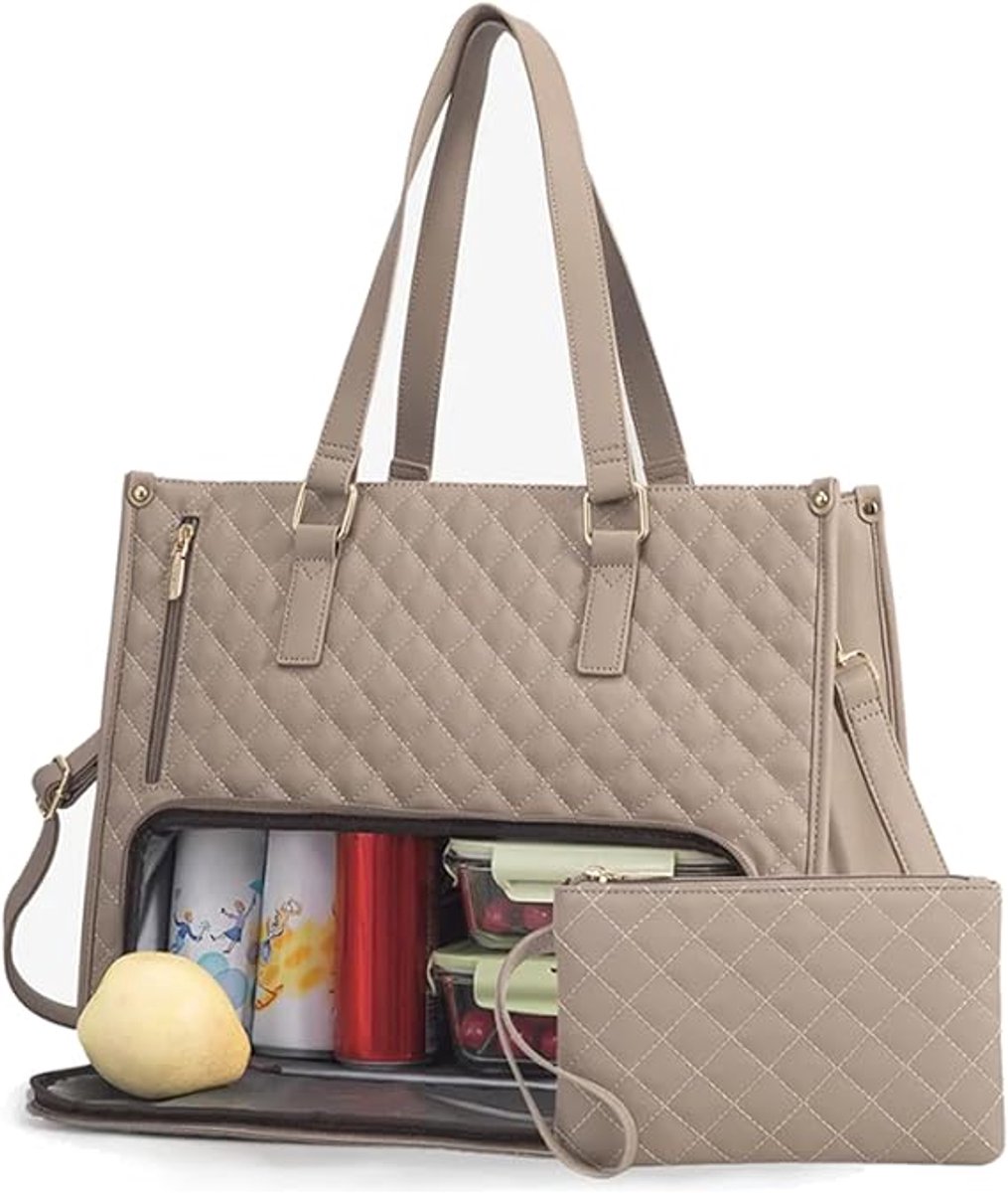 lunchtas 2 in 1 - handtas met veel vakken-handtas met ketting - 15,6 inch laptop tas-15,6 inch laptoptas-handtas-handtassen dames-handtassen-handtas klein-Khaki