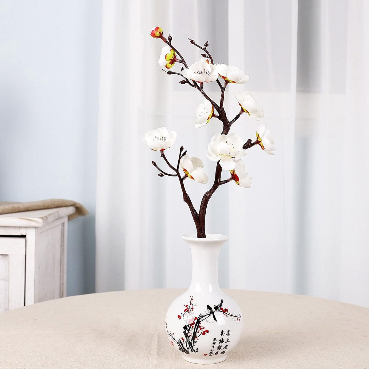 Famanu Kunstmatige witte pruimenbloesem 6 stuks - nepbloemen stof simulatie bloemen boeket voor thuis - keuken - kantoor - centerpieces decoratie