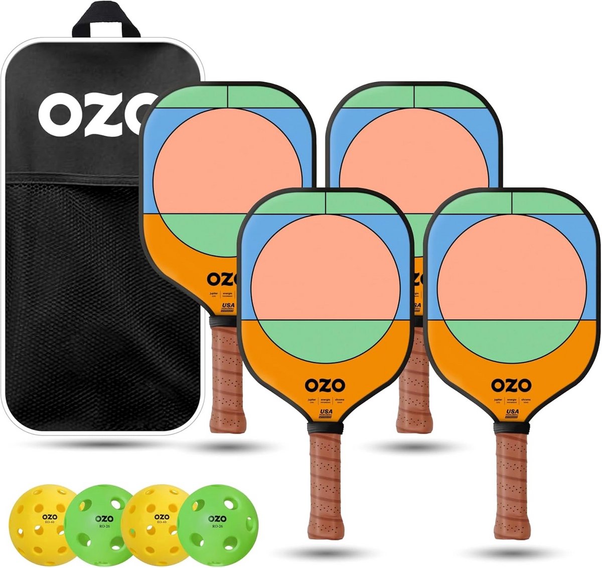 Pickleball Set 4 Paddles + 4 Ballen - Compleet met Draagtas