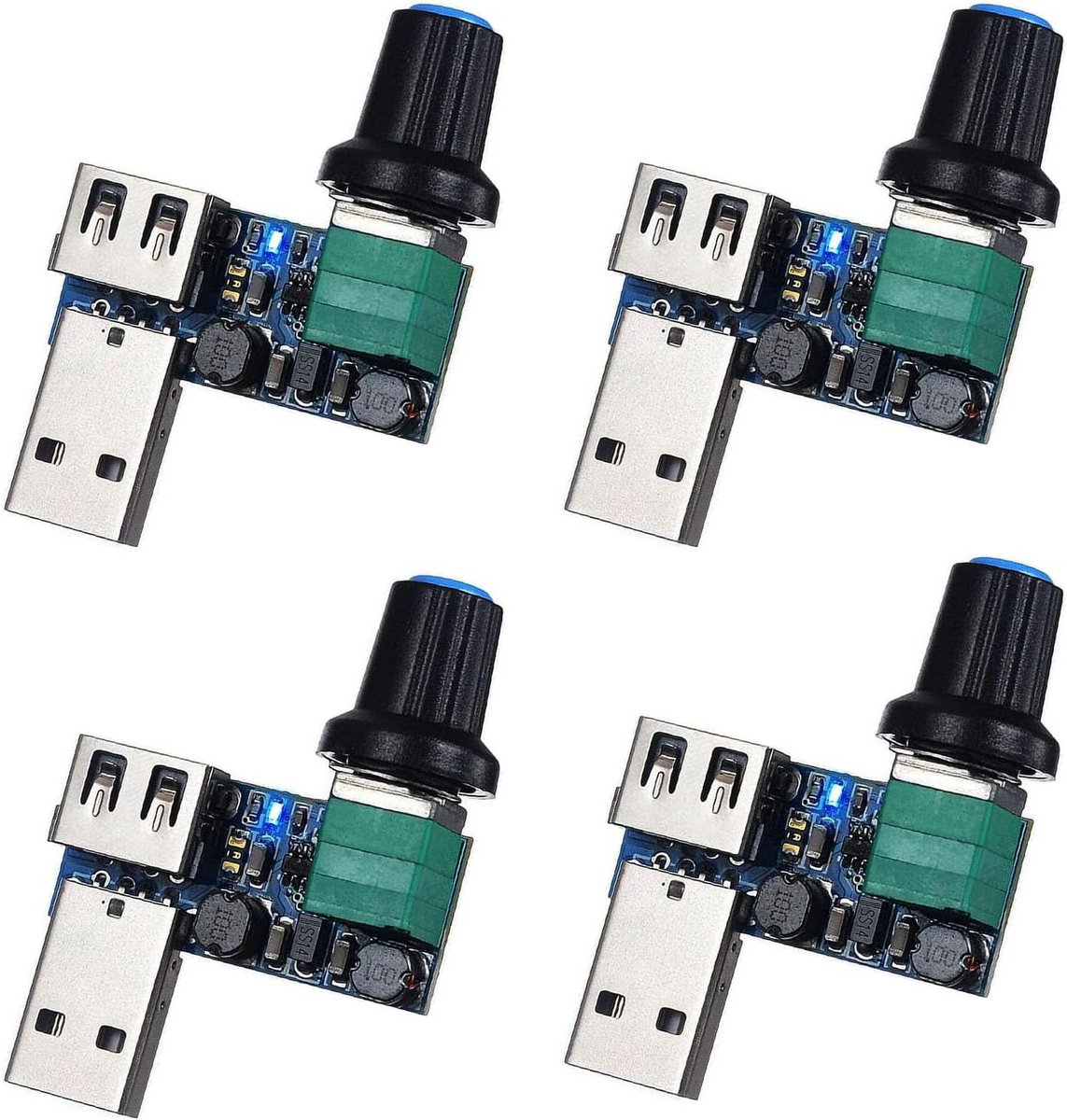 Set van 4 USB-ventilatorsnelheidsregelaars, 5 W, DC 5 V, Stepless ventilatorcontrole