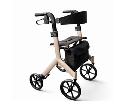 Rollator Lichtgewicht Opvouwbaar – MoveLite Comfort – 6,5 kg – Grote Wielen 25 cm – Weggewerkte Remkabels – Binnen & Buiten – Verstelbaar – Inclusief Tas & Stokhouder – Beige
