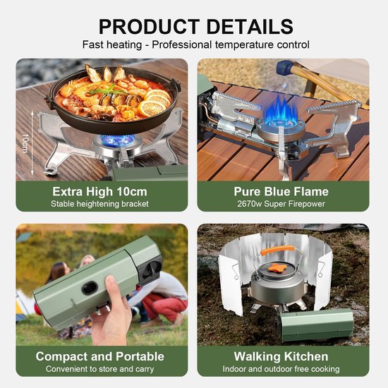 Novendo Goods - 11000W Camping gasfornuis met 5 branders – Winddichte ultralichte backpacking brander met ontsteking en 100 cm gasslang – Opvouwbaar propaan/butaan kooktoestel — afbeelding 2
