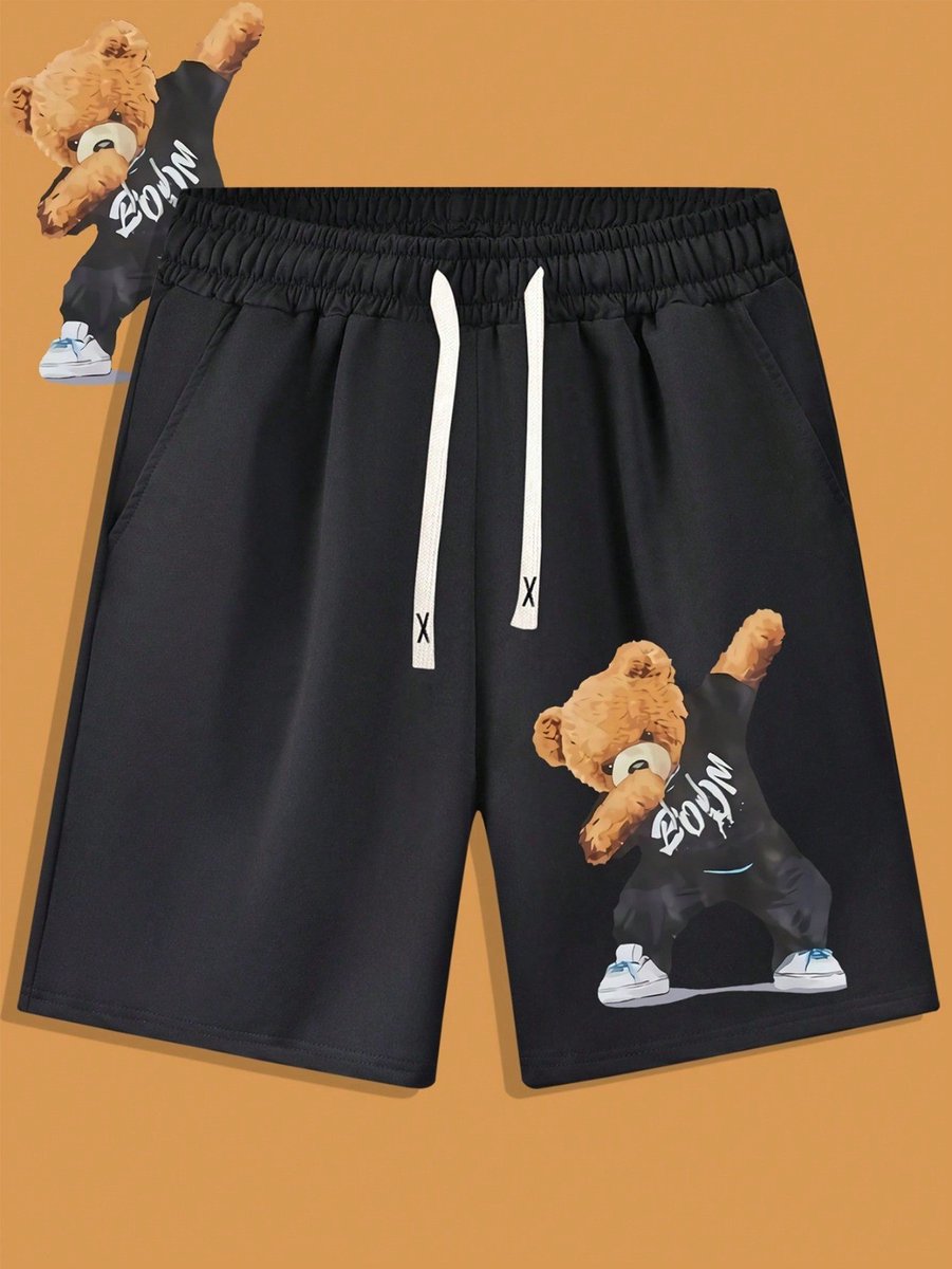 Trendy Zwarte Heren Shorts met Dab Dance Beer Print, Comfortabele Elastische Taille en Stijlvolle Casual Look - 4XL-5XL