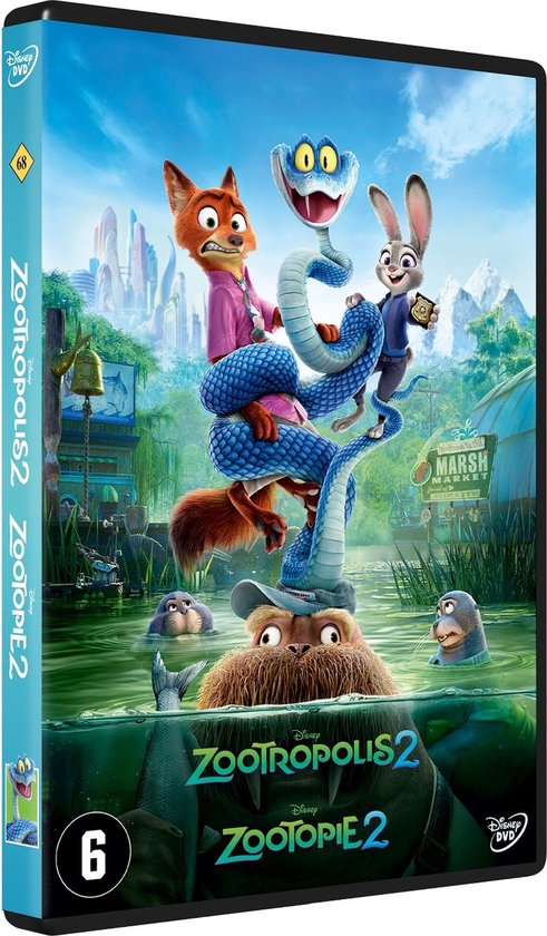 De cover van de Zootropolis 2 DVD toont een vos, een konijn, een slang en een walrus in een moeras. De titel is Zootropolis 2.