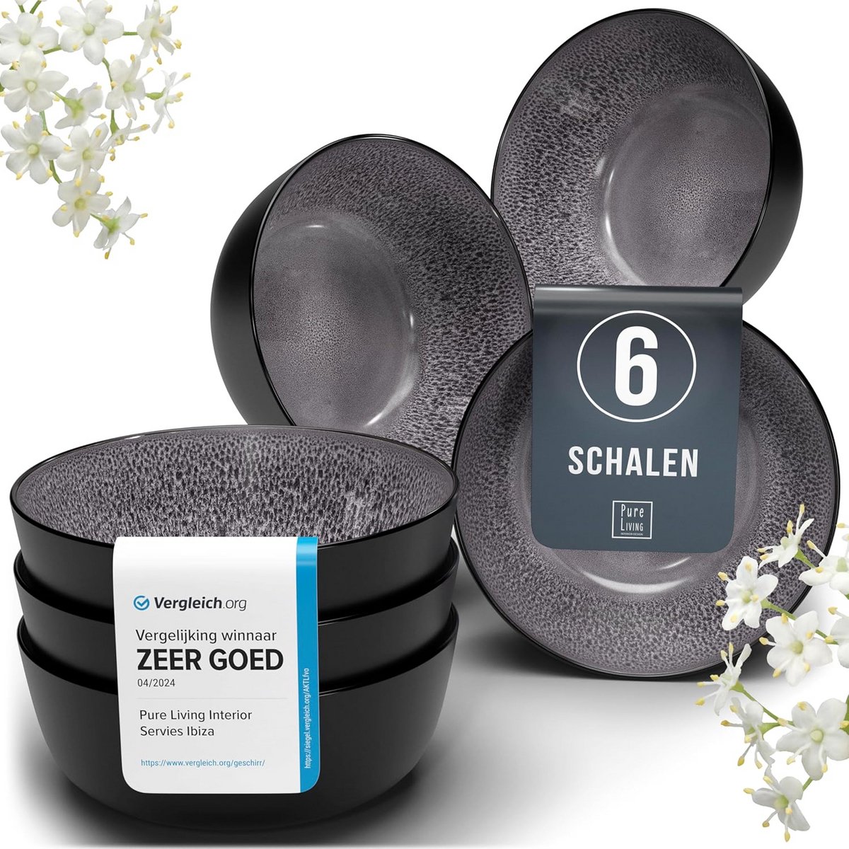 Set van 6 Donkergrijze Stoneware Müslischalen - Geschikt voor Ontbijt en Magnetron