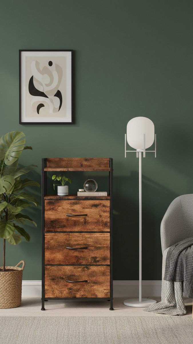 Luxe Stoffen Commode met 3 Laden – Hoge Opbergkast voor Slaapkamer, Woonkamer, Kinderkamer en Hal – Moderne Dressoir met Houtnerf en Handgrepen – Multifunctionele Opbergoplossing - House&Garden