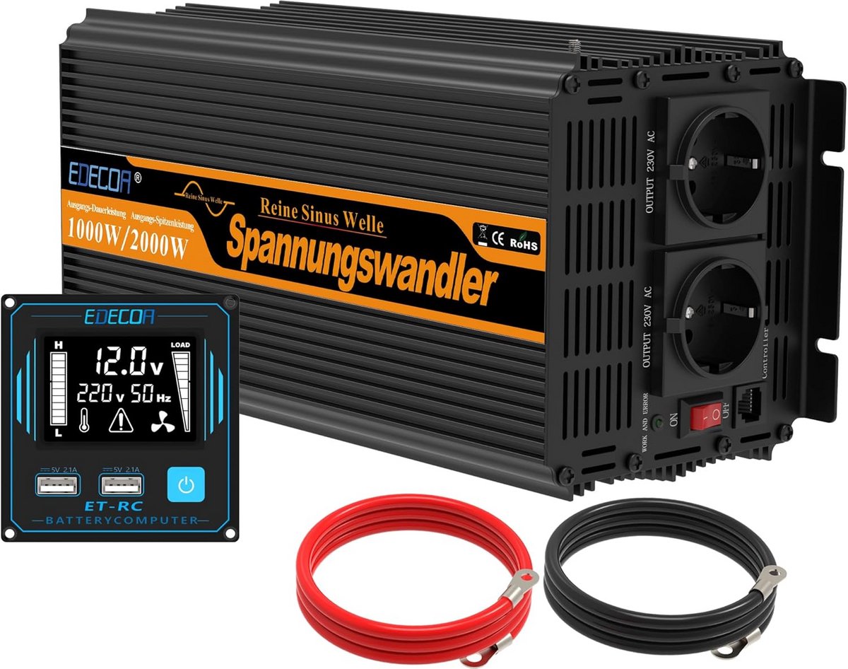 Zuivere Sinus Omvormer 12V naar 230V 1000W Continu Vermogen met LCD & Afstandsbediening