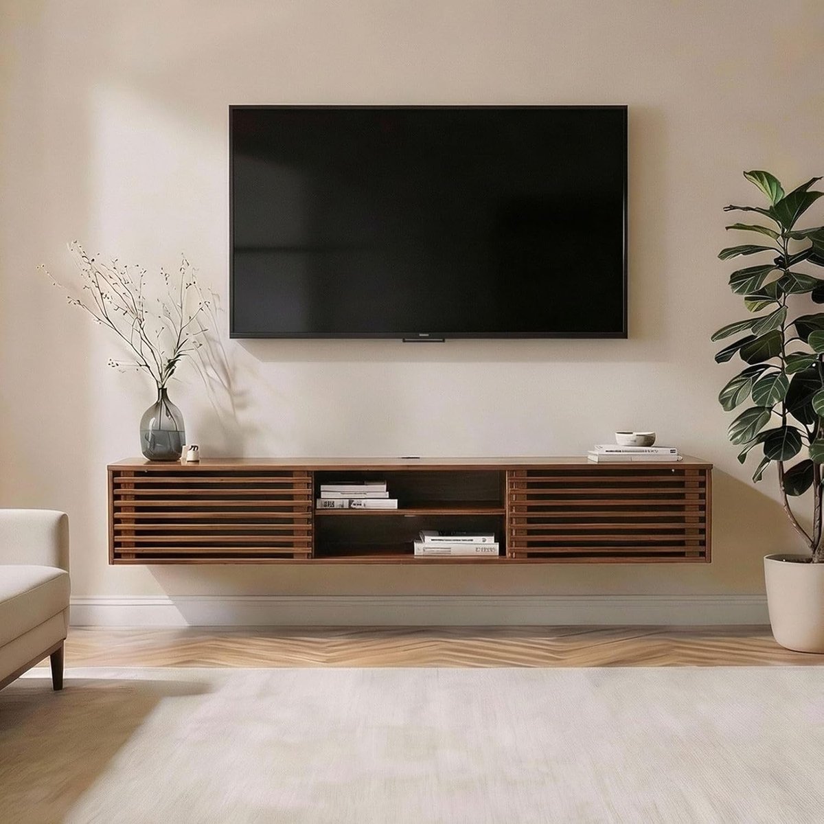 TV meubel 175x30x34 cm hangend van massief hout met lamellendeuren en open vakken – Mid Century wandkast in kastanje afwerking – RIANO – Abkantoor