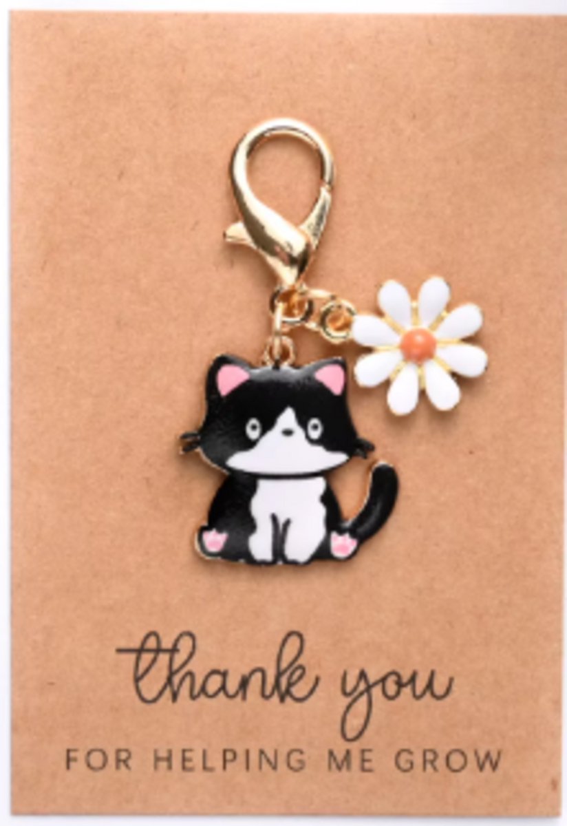 Pradeo - Katje Sleutelhanger - Gelukshanger - Hangertje - Katje - Poesje - Kat - Poes - Cat - Key Chain - Met Bloemetje - Pocket Hug - Klein Cadeau / Geschenk - Met Kaartje Met Tekst - Zwart Wit Katje