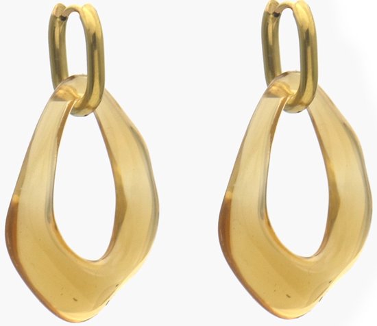 Gouden oorbellen met bruine, druppelvormige acryl hangers.