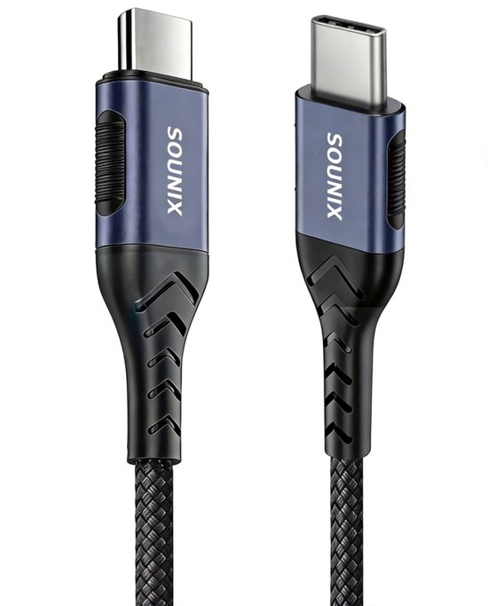 Sounix USB C kabel met E-marker - USB C 3.2 Gen 2 - 20Gbps - 8K60Hz - 5A 100W Snellader - Datakabel en Oplaadkabel - 2 Meter - Nylon - Zwart