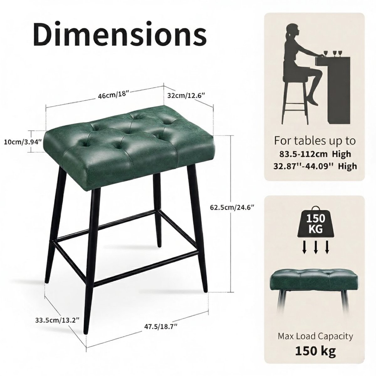 Barkrukken Set van 2 – House&Garden Retro Getuft Groen Microvezel Kunstleer – Verstelbaar 62,5-65 cm – Industriële Barstoelen met Metalen Frame en Voetensteun – Keukenkrukken zonder Rugleuning – 150 kg