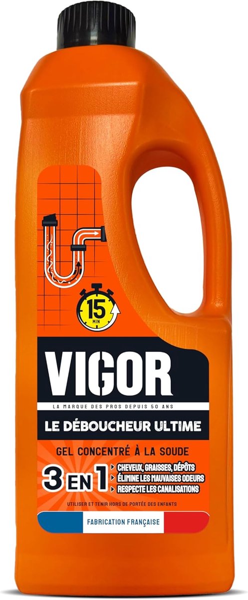 Vigor | De ultieme ontstopper | Verwijdert haar, vet en aanslag | Elimineert nare geurtjes | Respecteert afvoeren | Geconcentreerde sodagel | 1 liter